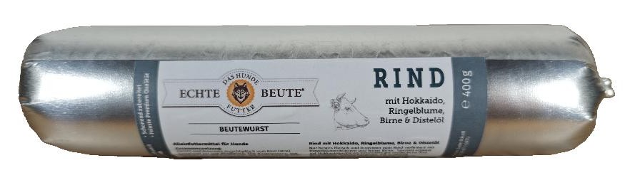 Echte Beute Beute-Wurst Rind mit Hokkaido, Ringelblume, Birne & Distelöl, getreidefrei, 400 g Echte Beute Beute-Wurst Rind mit Hokkaido, Ringelblume, Birne & Distelöl, getreidefrei, 400 g